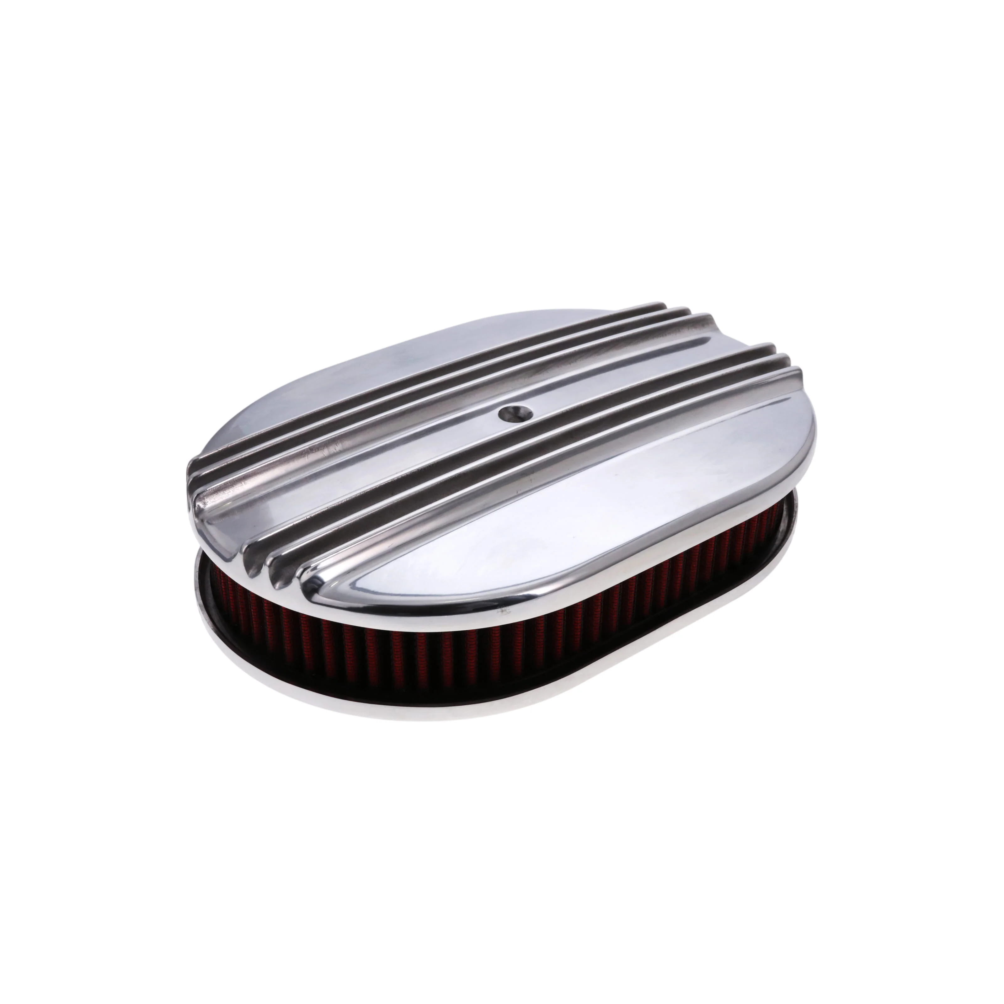 12" X 2" Center Finned Oval Aluminum Air Cleaner Kit, Red Washable Filter - Polished - Image 2