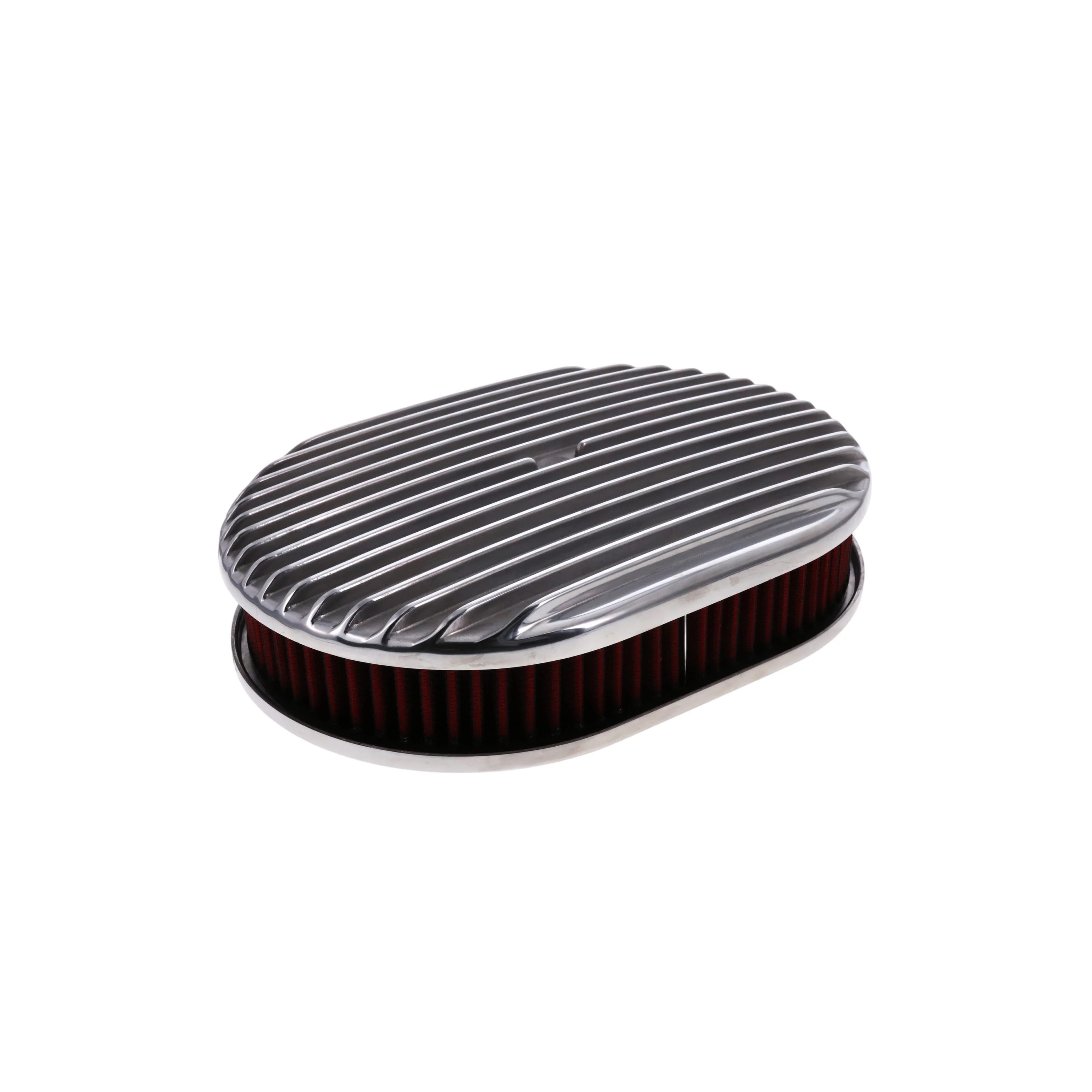 12″ X 2″ Full Finned Oval Aluminum Air Cleaner Kit, Red Washable Filter, Flat Base - Polished - Image 2