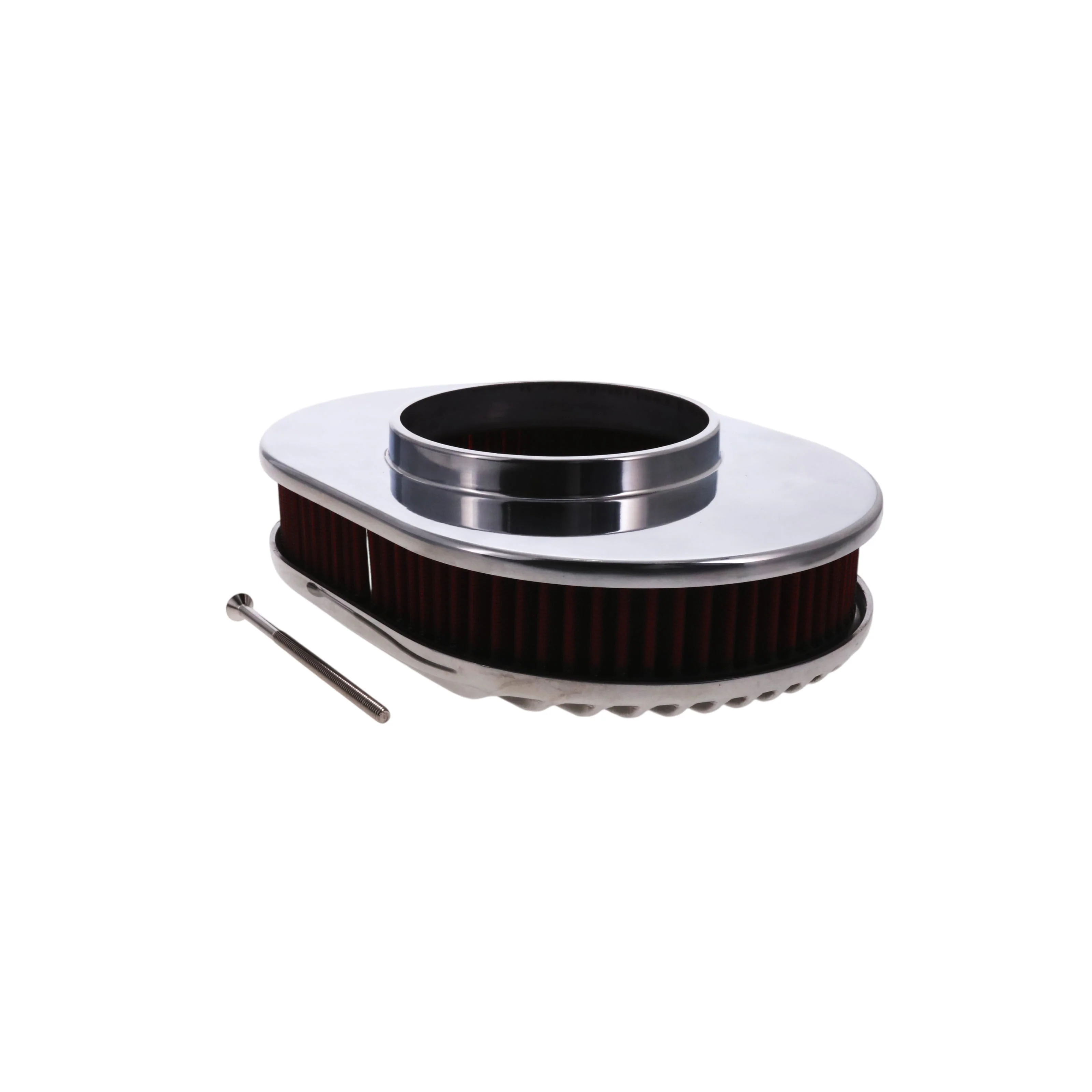 12″ X 2″ Full Finned Oval Aluminum Air Cleaner Kit, Red Washable Filter, Flat Base - Polished - Image 3