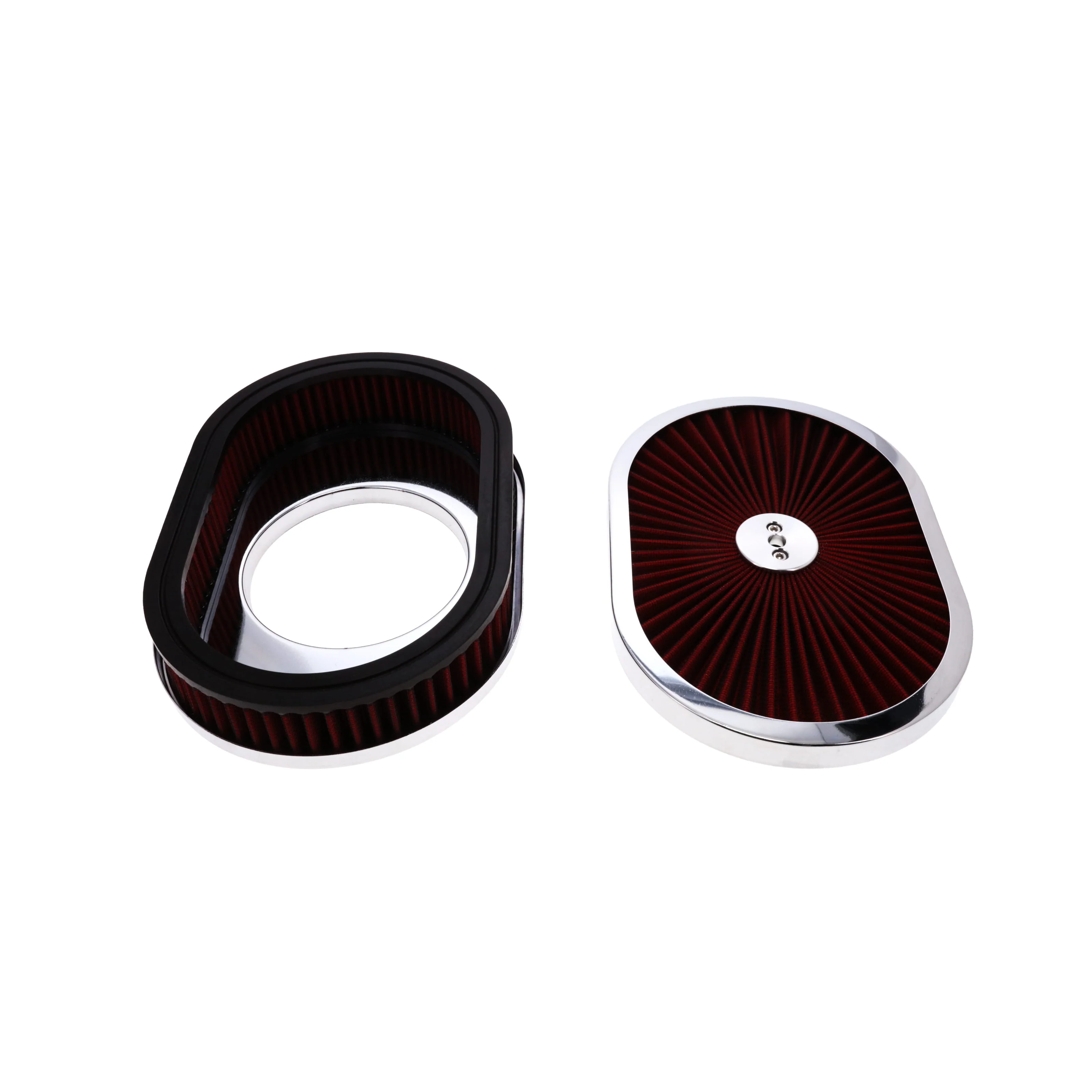 12" X 2" Round Steel Air Cleaner Kit, Red Washable Filter, Flat Base - Chrome - Image 4