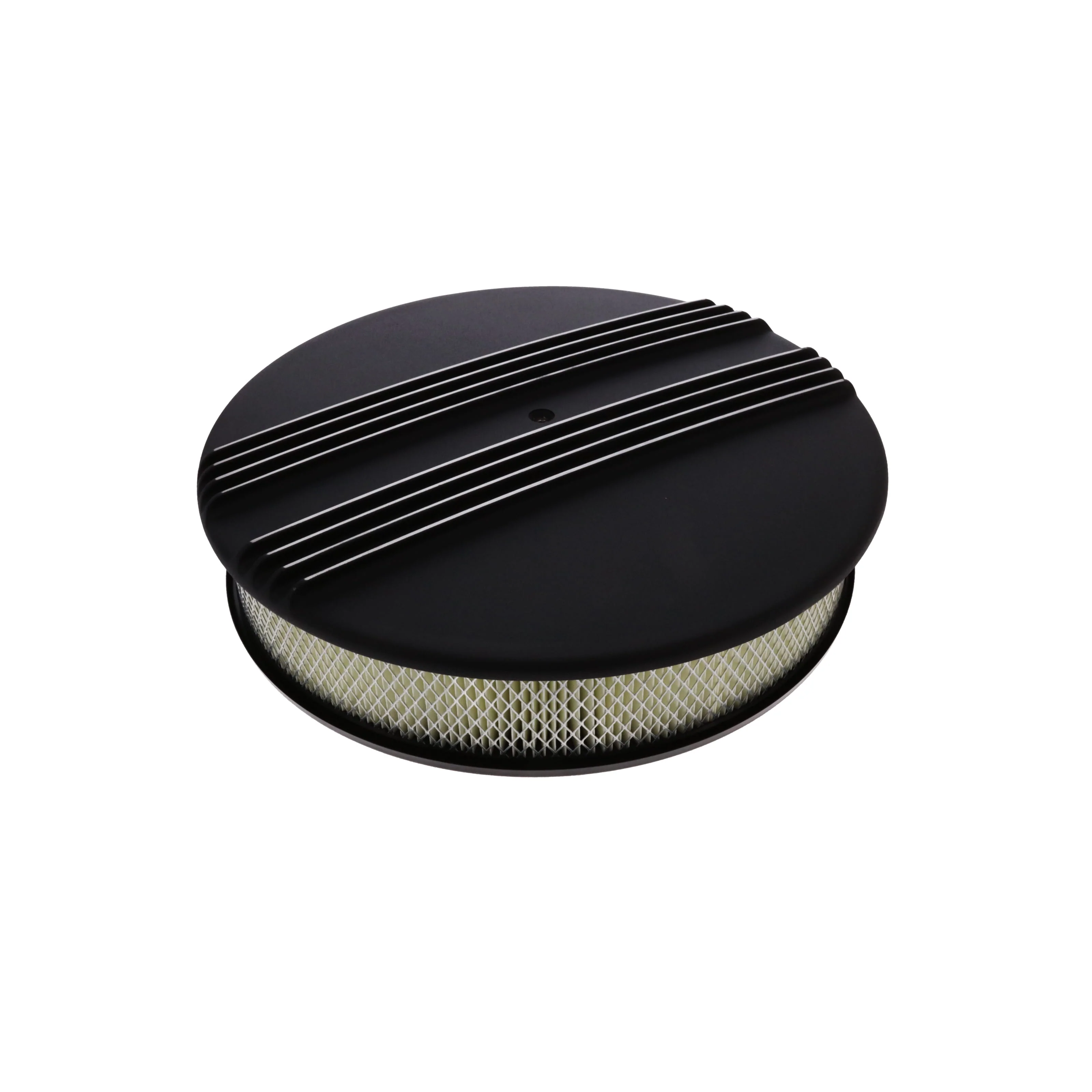 14" X 3" Center Finned Round Aluminum Air Cleaner Kit, Paper Filter, Flat Base - Black