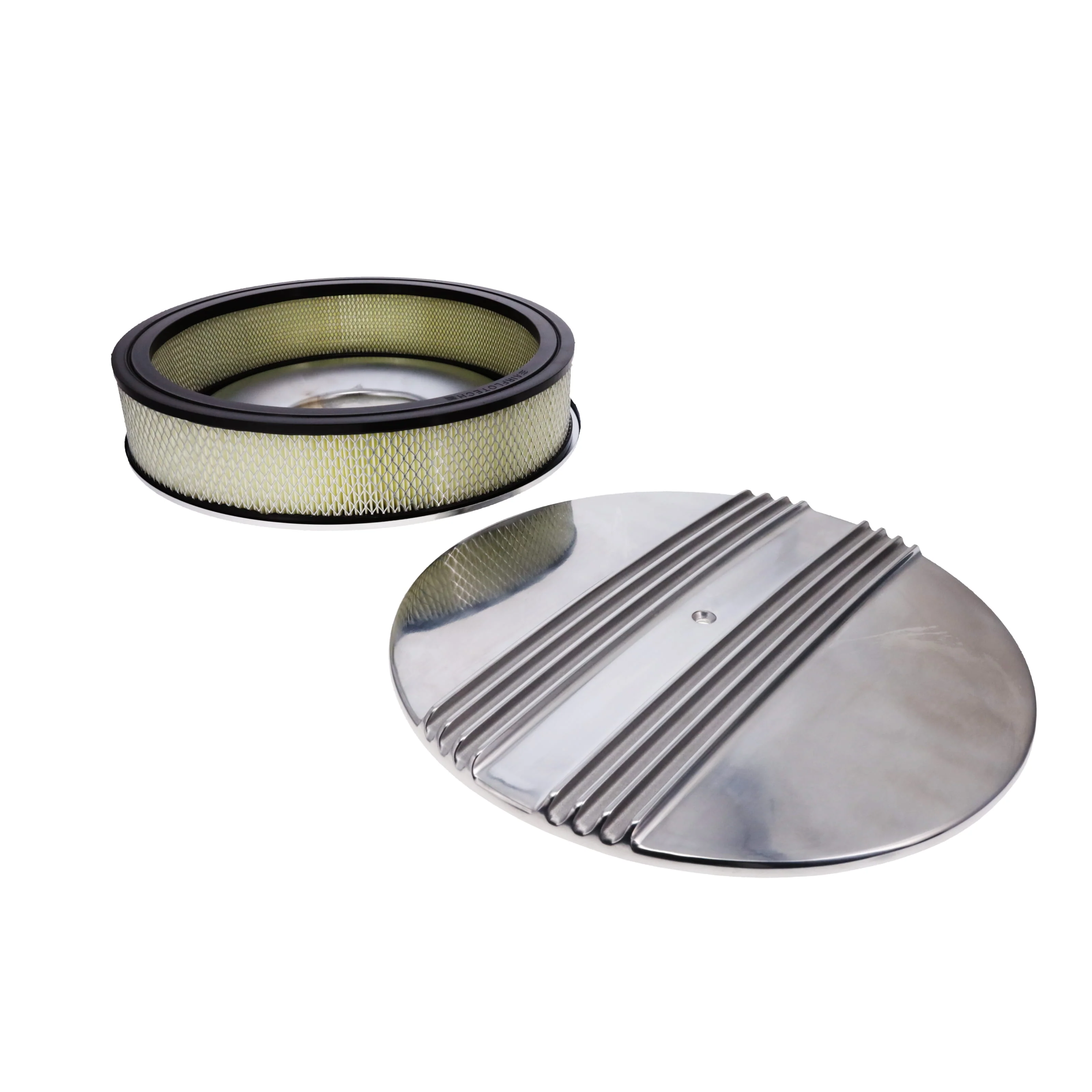 14" X 3" Center Finned Round Aluminum Air Cleaner Kit, Paper Filter, Flat Base - Polished - Image 3