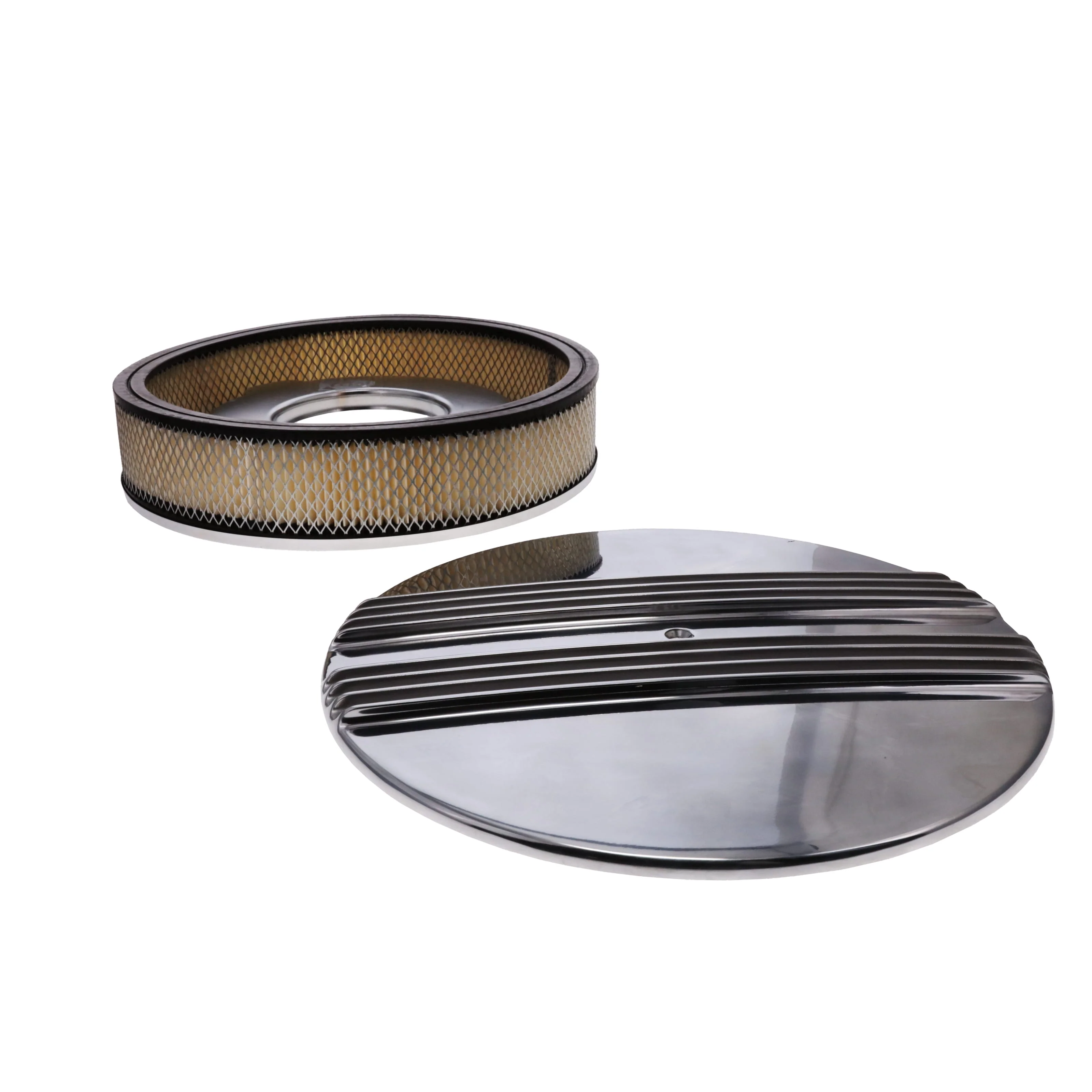 14" X 3" Center Finned Round Aluminum Air Cleaner Kit, Paper Filter, Recessed Base, Polished - Image 3