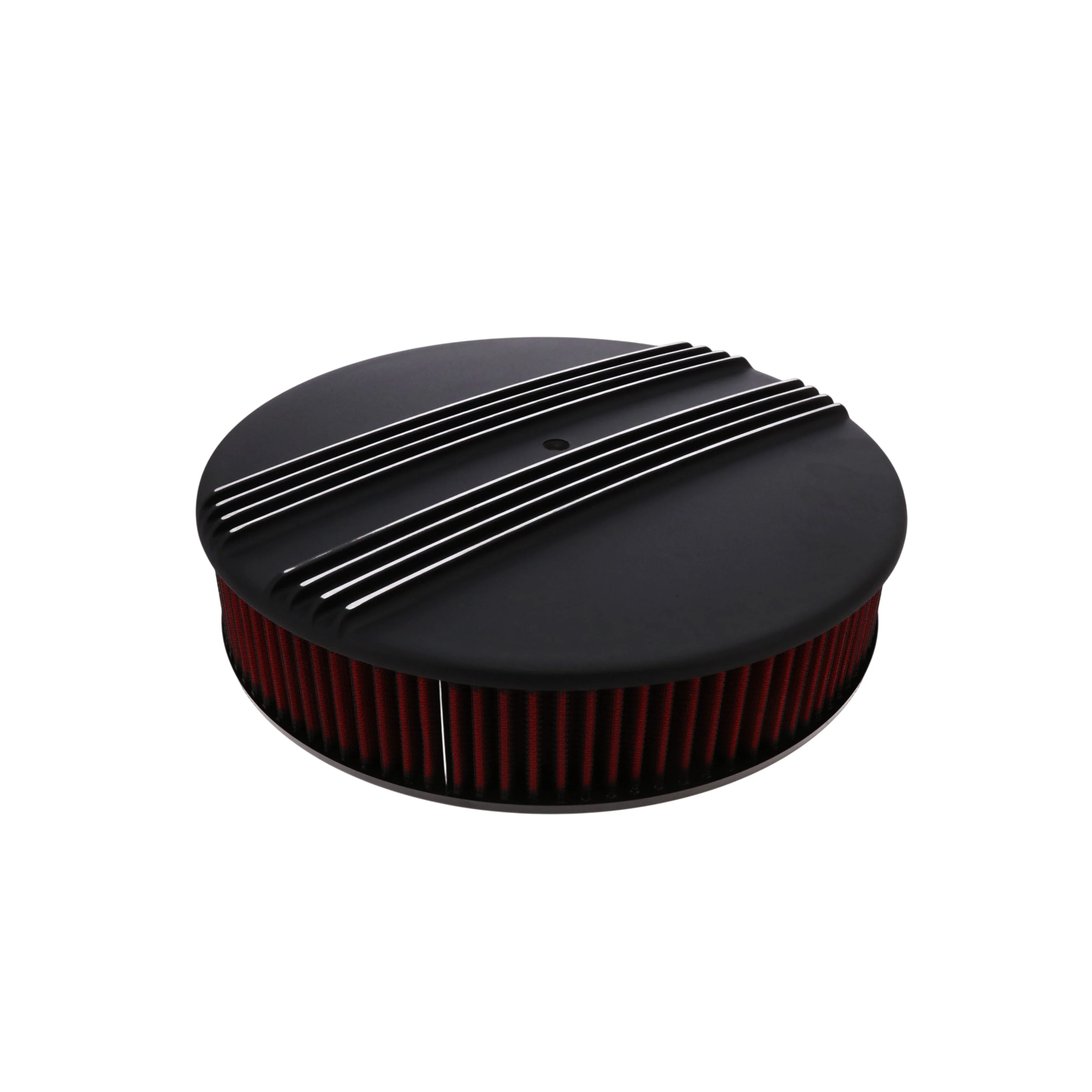 14" X 3" Center Finned Round Aluminum Air Cleaner Kit, Red washable Filter, Flat Base - Black - Image 3