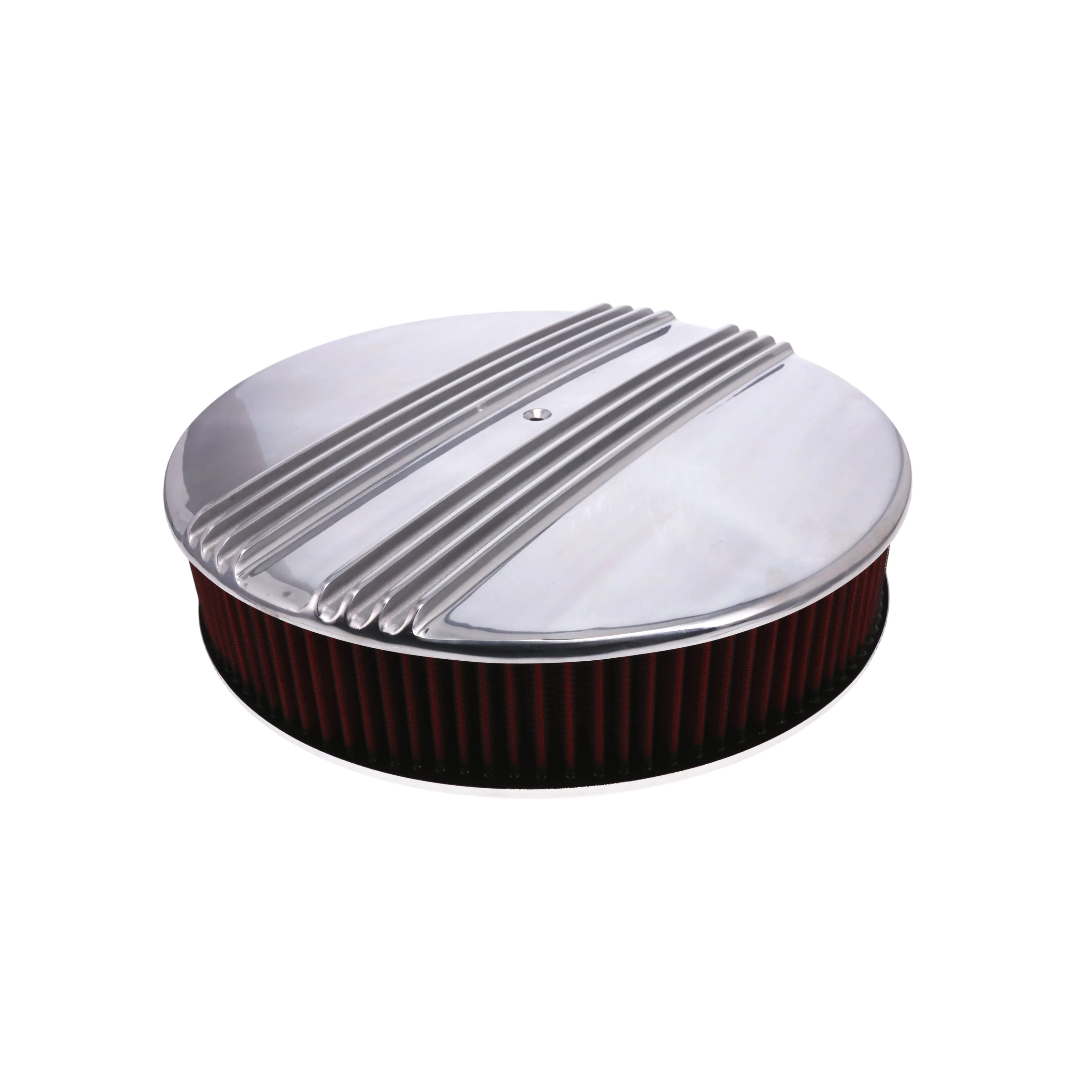 14" X 3" Center Finned Round Aluminum Air Cleaner Kit, Red washable Filter, Flat Base - Polished - Image 2