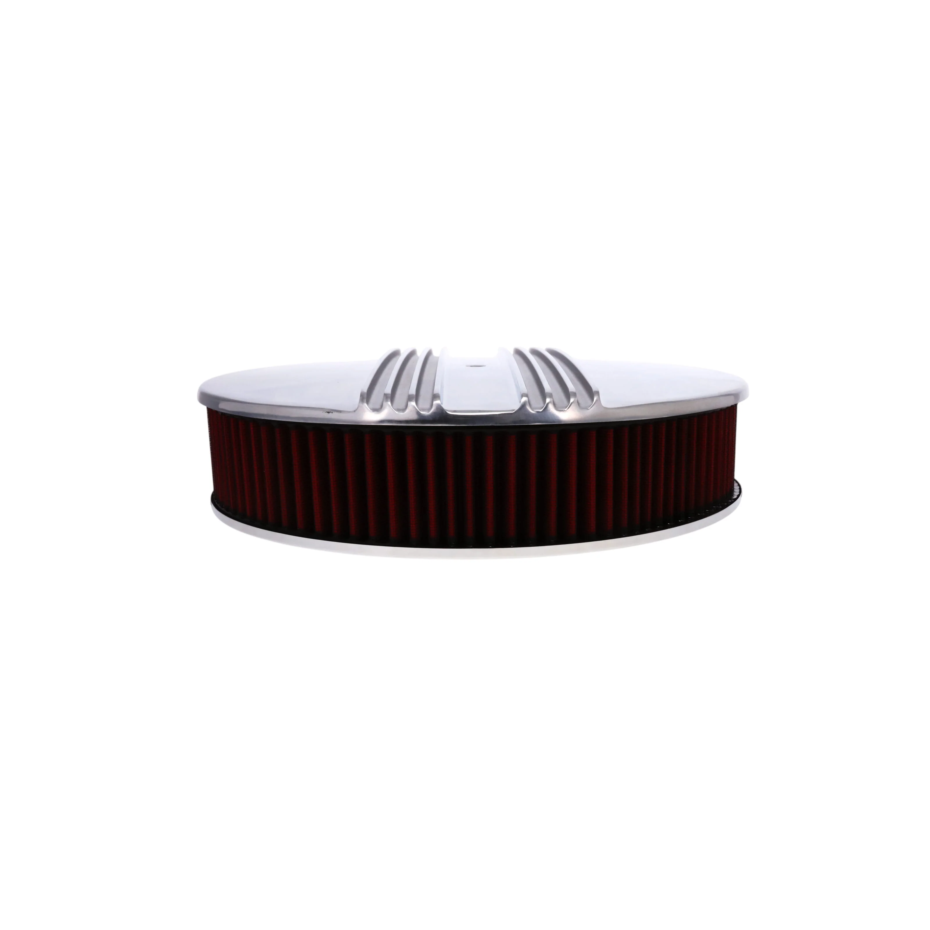 14" X 3" Center Finned Round Aluminum Air Cleaner Kit, Red washable Filter, Flat Base - Polished - Image 4