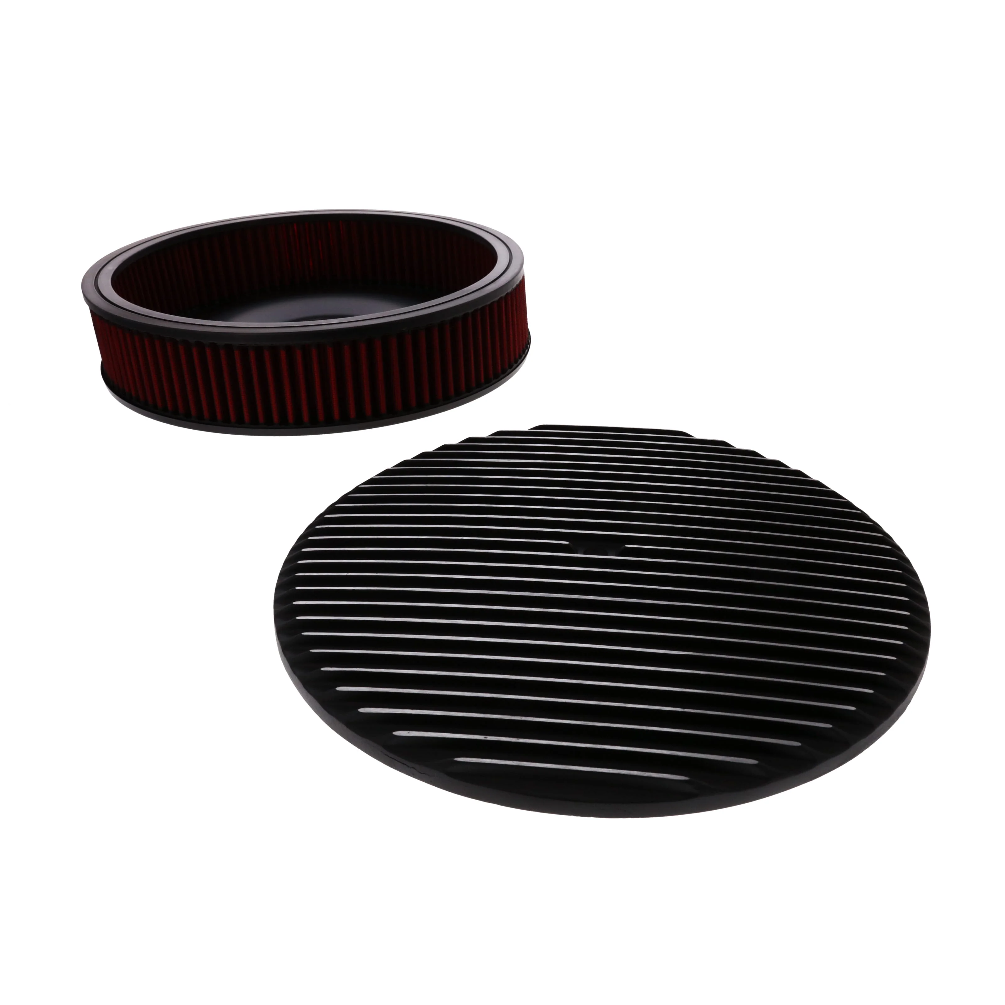 14" X 3" Full Finned Round Aluminum Air Cleaner Kit, Red Washable Filter, Flat Base - Black - Image 4