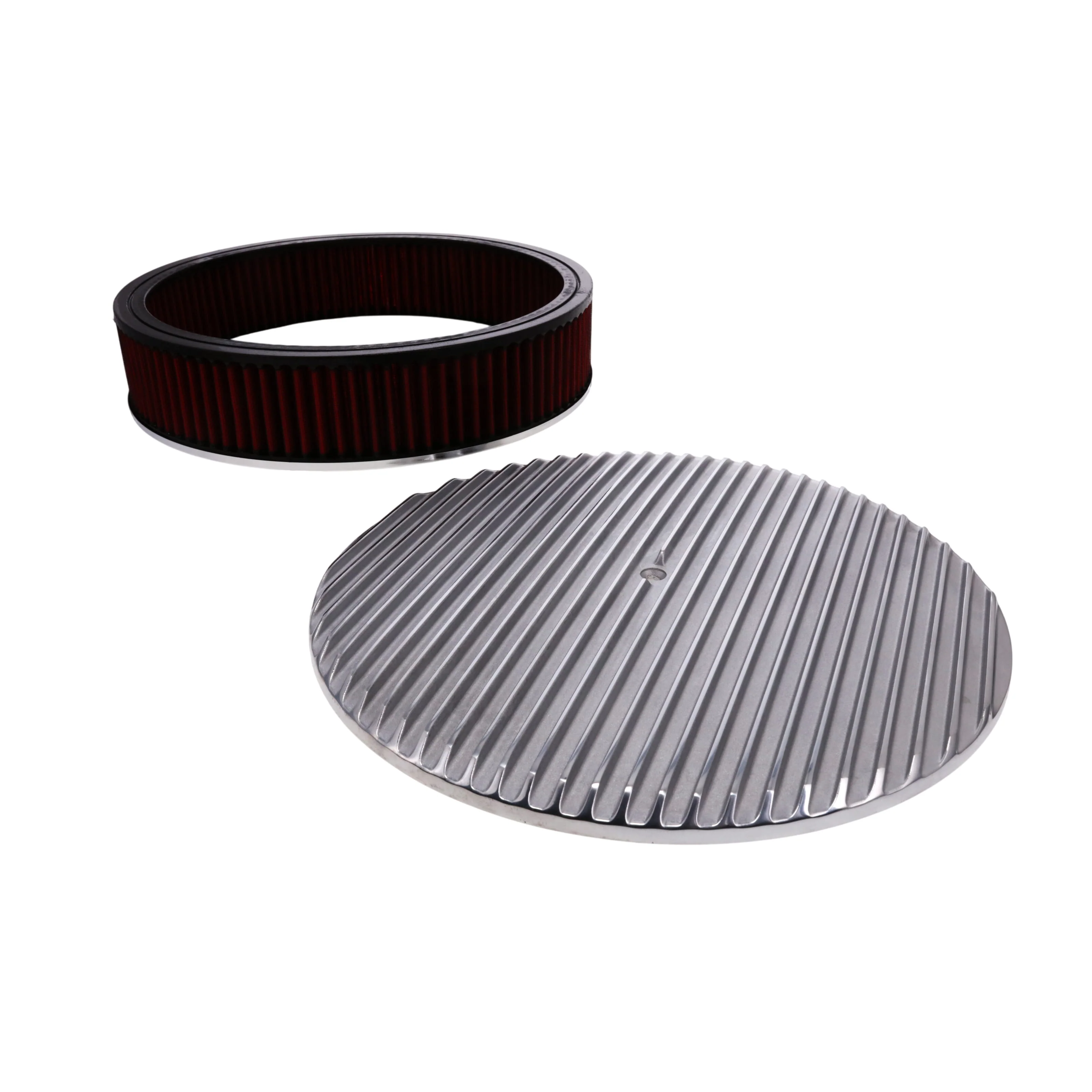 14" X 3" Full Finned Round Aluminum Air Cleaner Kit, Red Washable Filter, Flat Base - Polished - Image 2