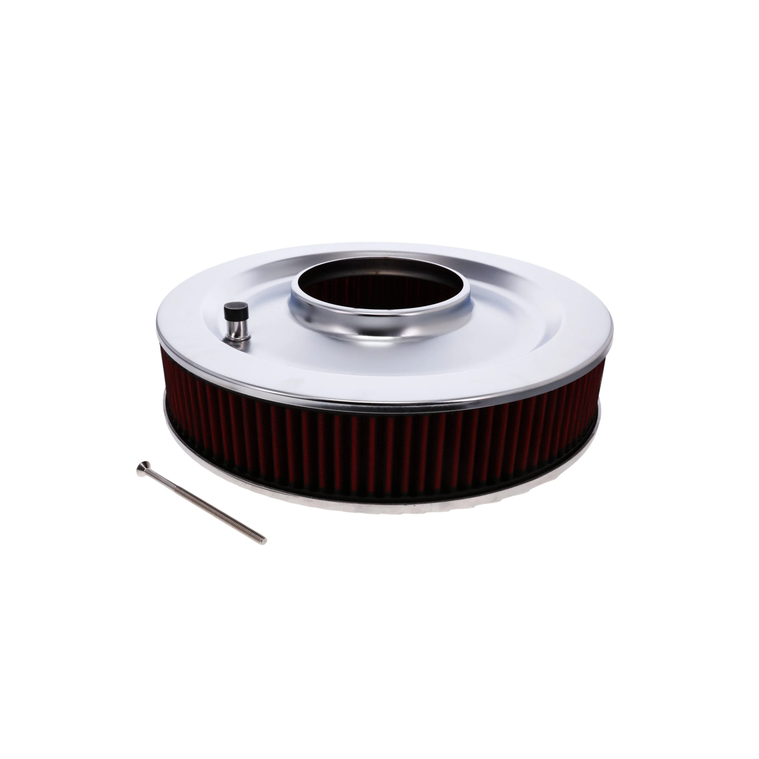 14" X 3" Full Finned Round Aluminum Air Cleaner Kit, Red Washable Filter, Flat Base - Polished - Image 4