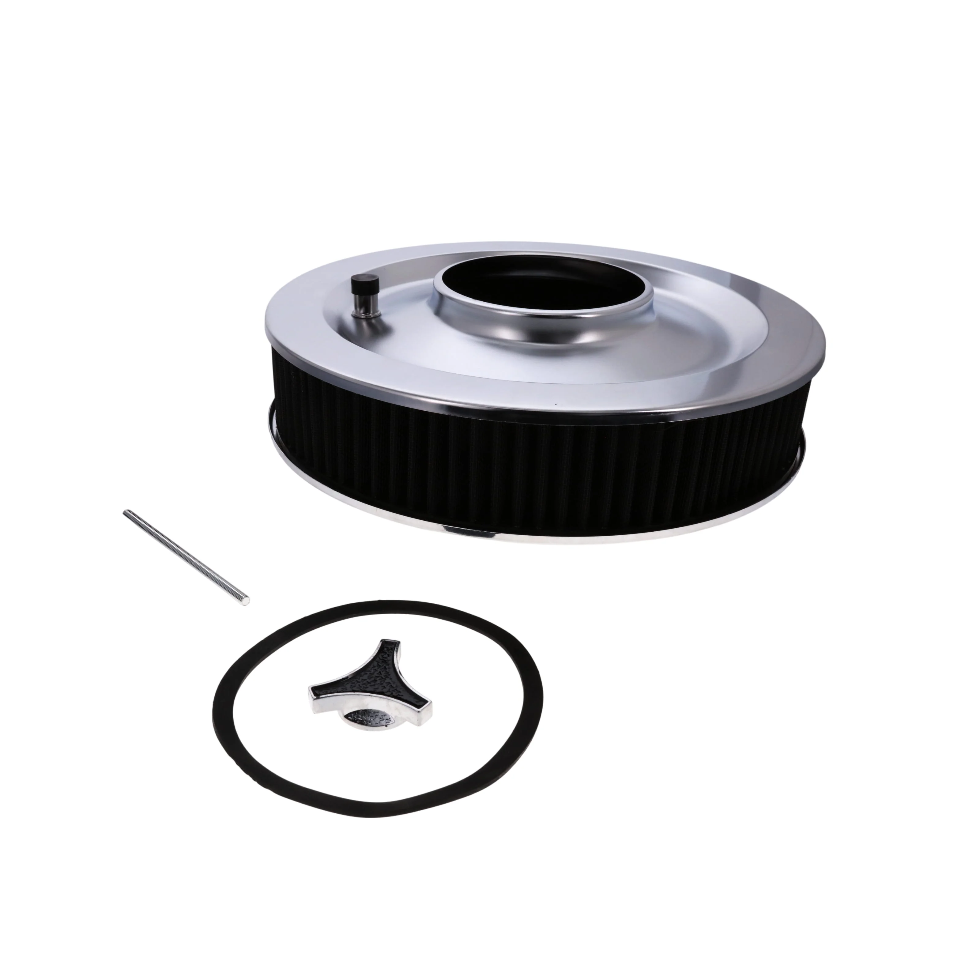14" X 3" Round Steel Air Cleaner Kit, Black Washable Filter, Flat Base - Chrome - Image 4