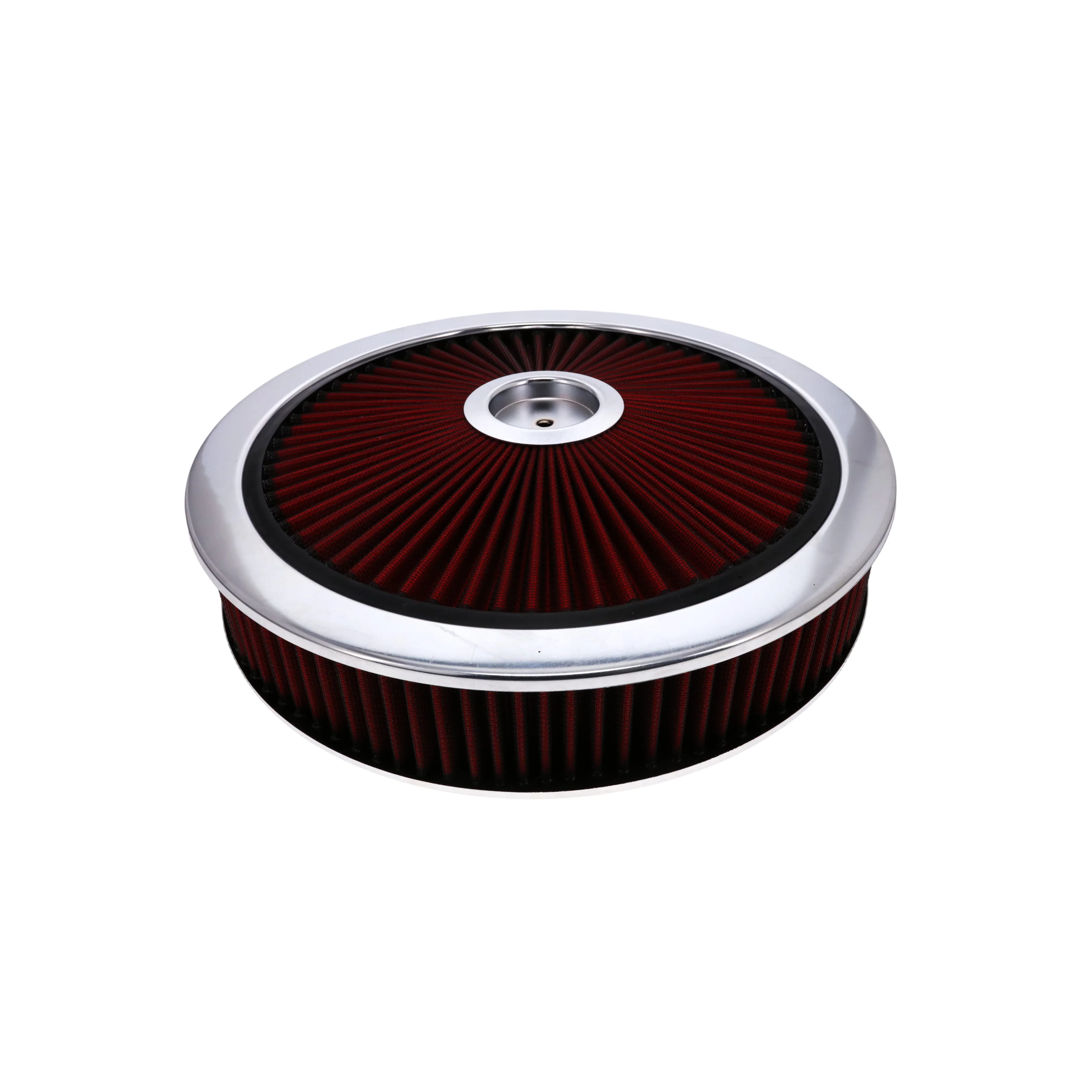 14" X 3" Round Steel Air Cleaner Kit, Red Washable Filter, Flat Base - Chrome - Image 2