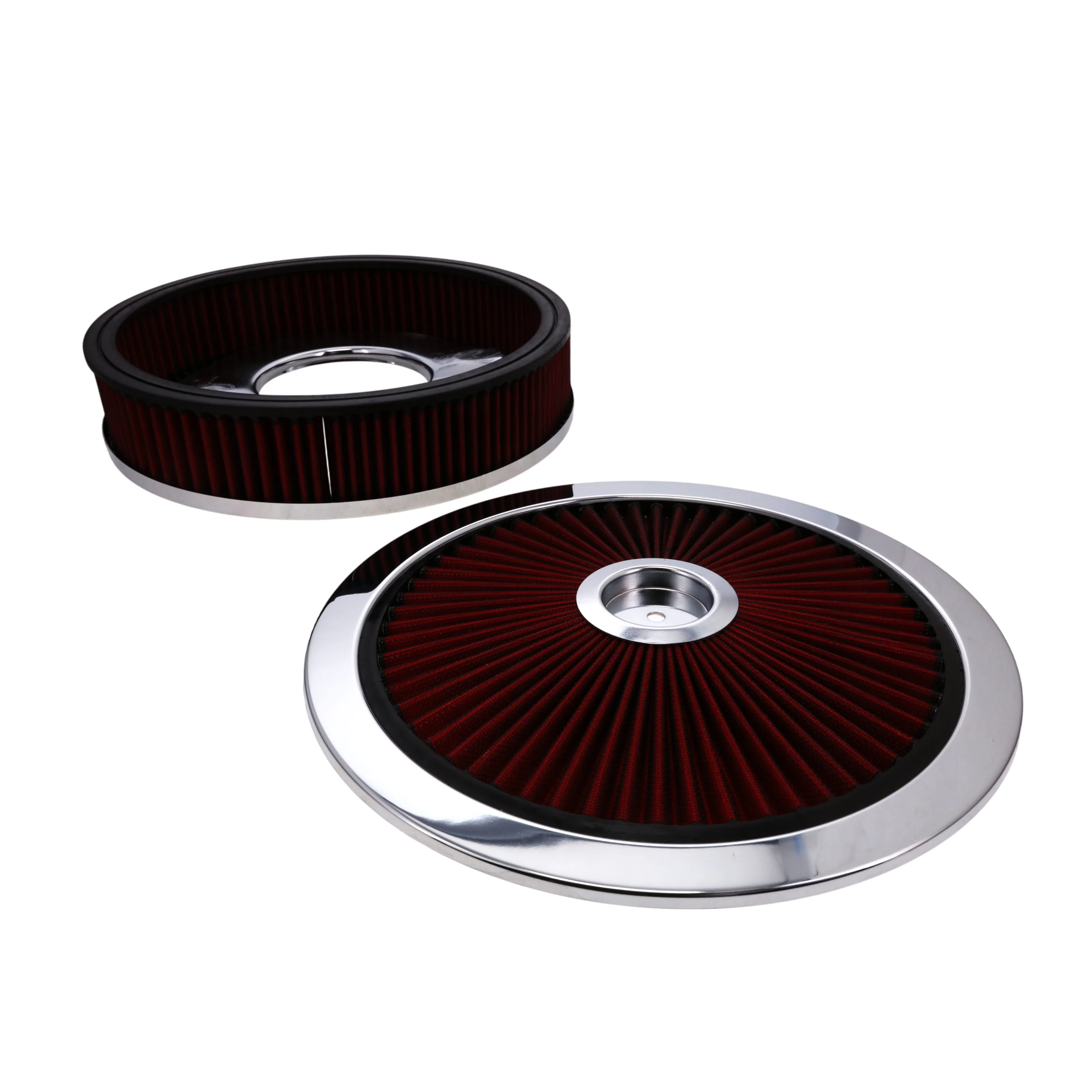 14" X 3" Round Steel Air Cleaner Kit, Red Washable Filter, Recessed Base - Chrome