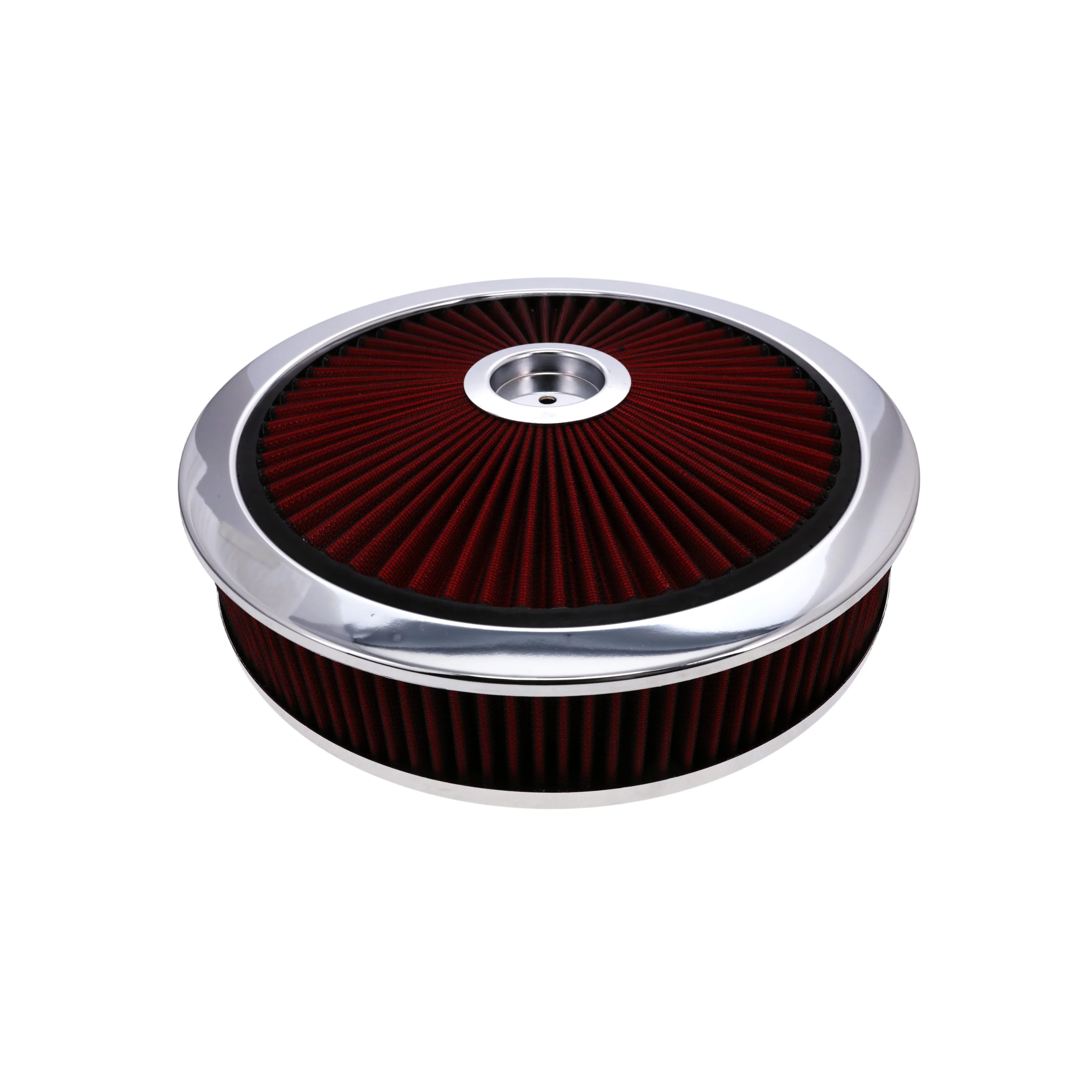 14" X 3" Round Steel Air Cleaner Kit, Red Washable Filter, Recessed Base - Chrome - Image 2