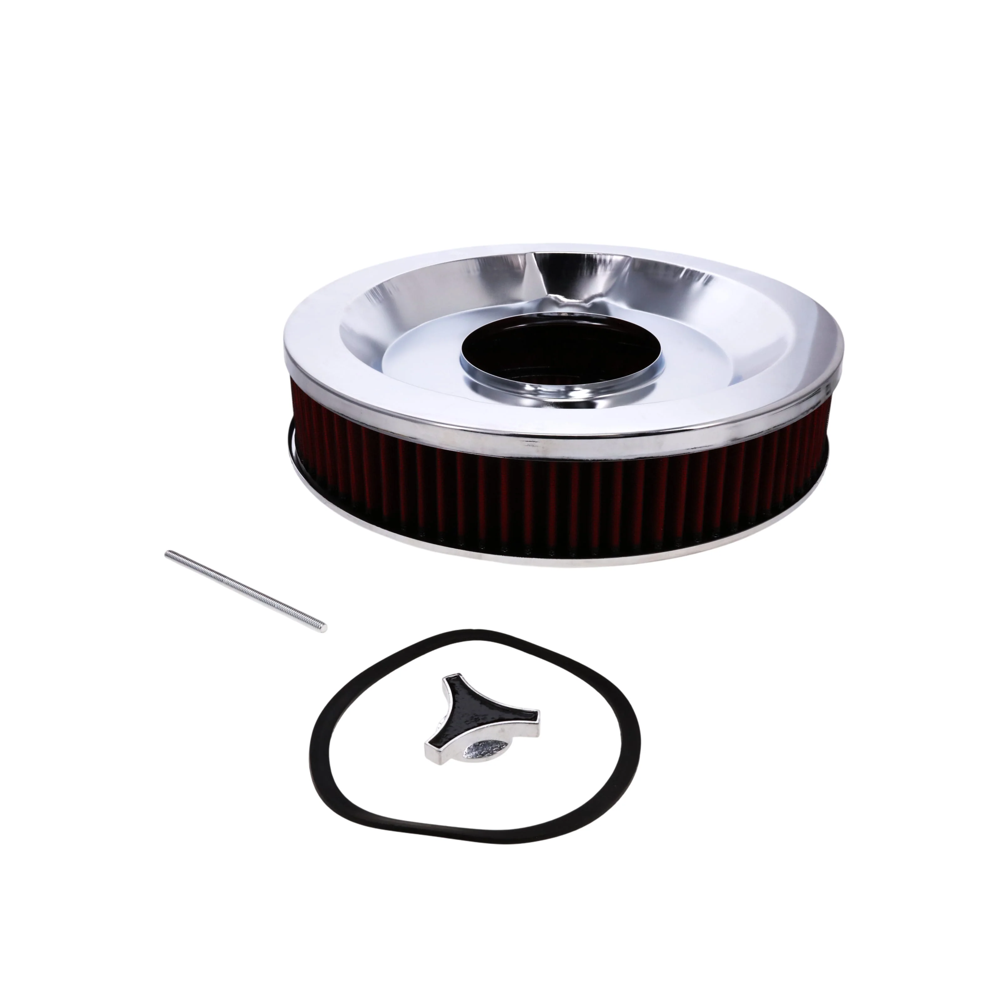 14" X 3" Round Steel Air Cleaner Kit, Red Washable Filter, Recessed Base - Chrome - Image 5