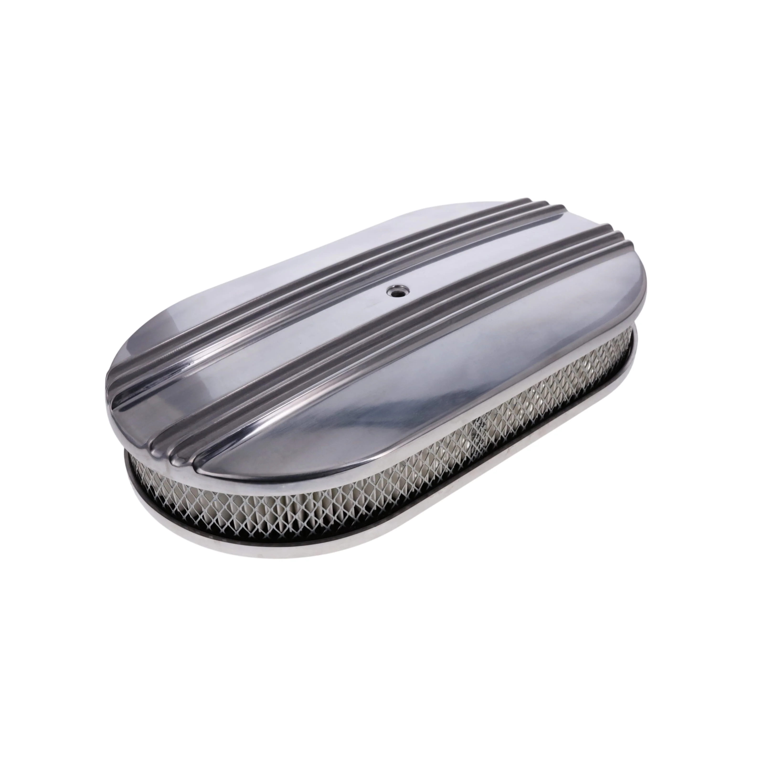 15" X 2" Center Finned Oval Aluminum Air Cleaner Kit, Paper Filter, Flat Base - Polished - Image 2