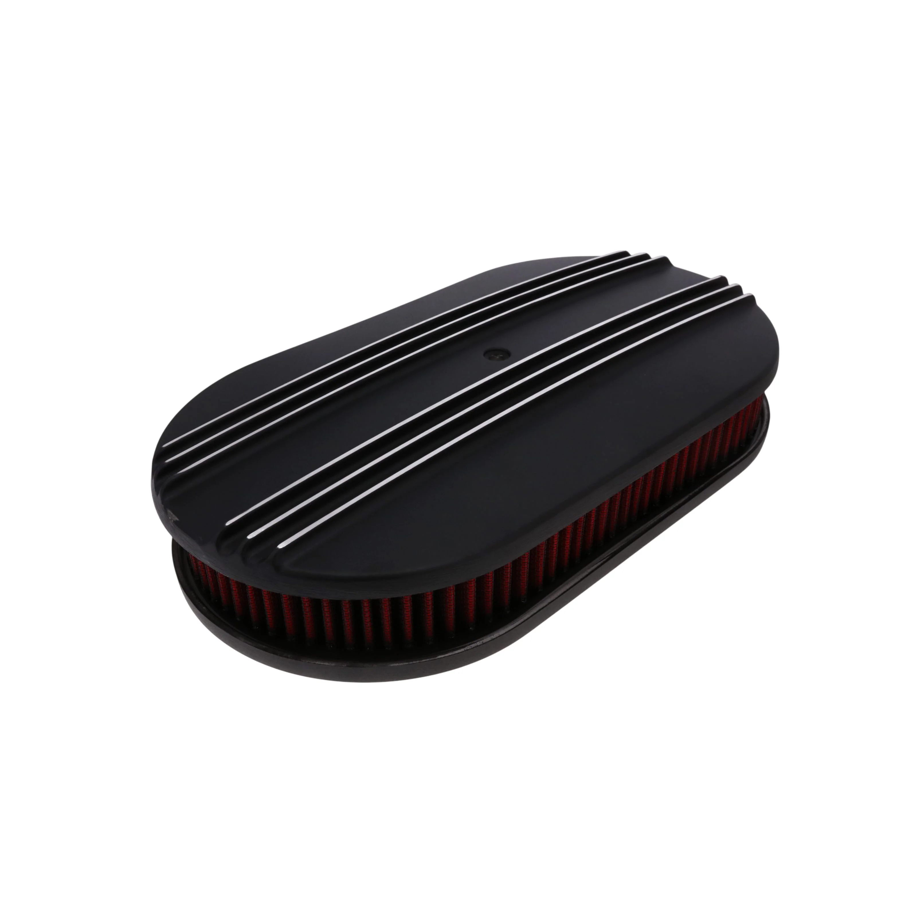 15" X 2" Center Finned Oval Aluminum Air Cleaner Kit, Red Washable Filter, Flat Base - Black - Image 2