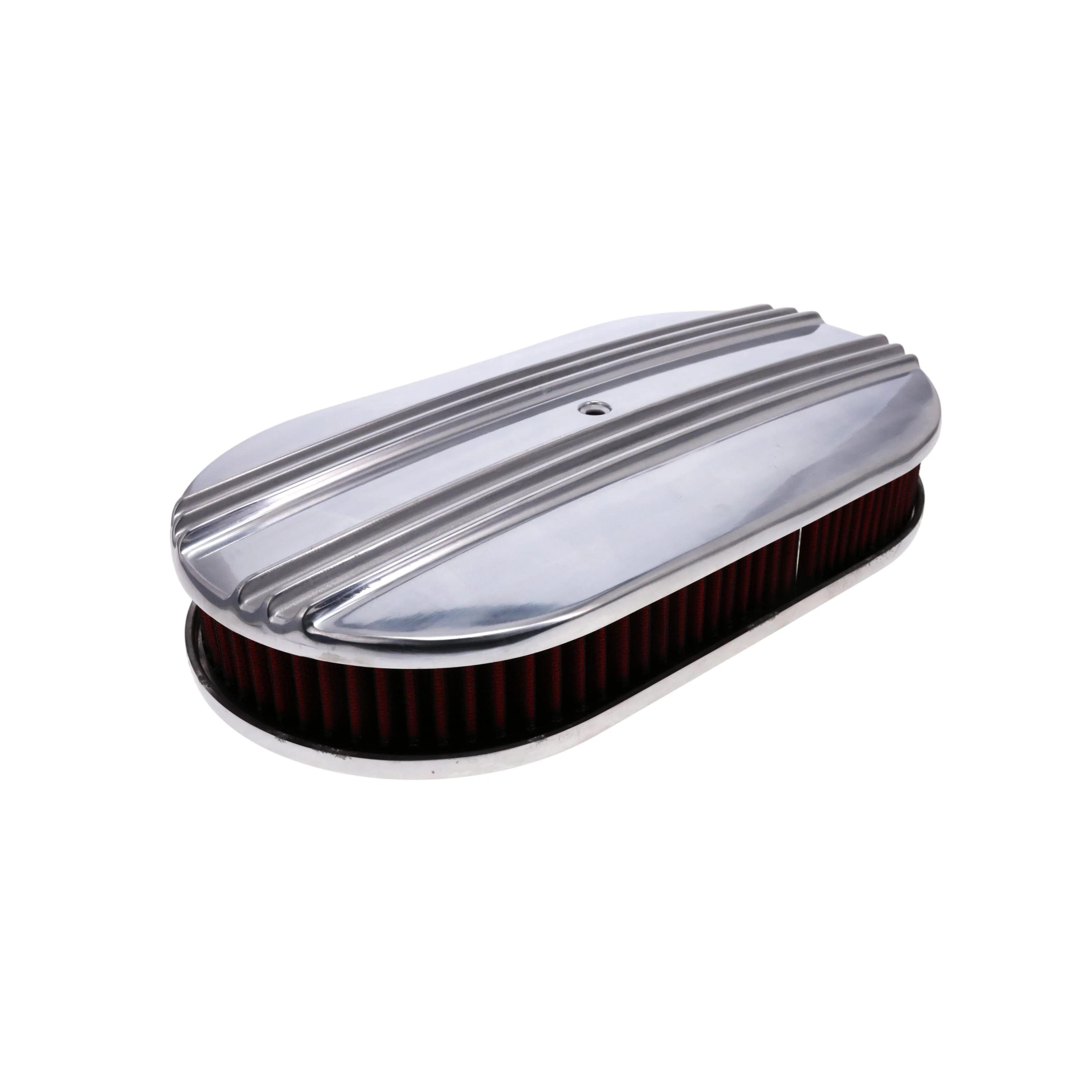 15" X 2" Center Finned Oval Aluminum Air Cleaner Kit, Red Washable Filter, Flat Base - Polished - Image 2