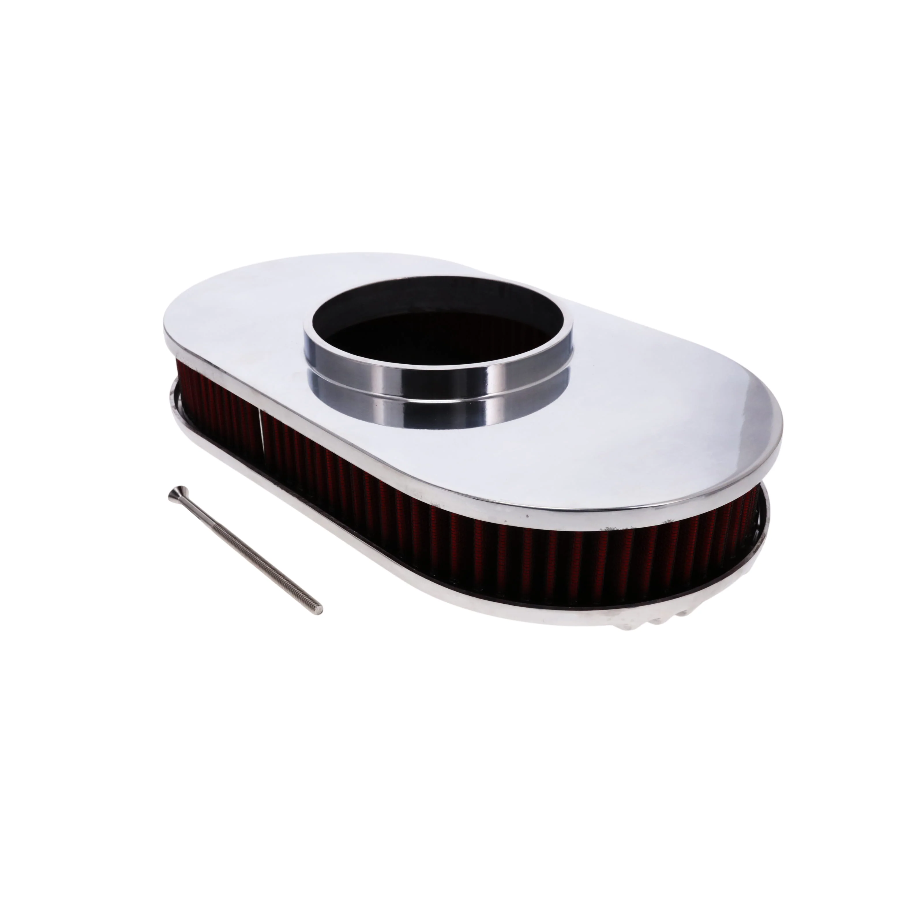 15" X 2" Center Finned Oval Aluminum Air Cleaner Kit, Red Washable Filter, Flat Base - Polished - Image 5