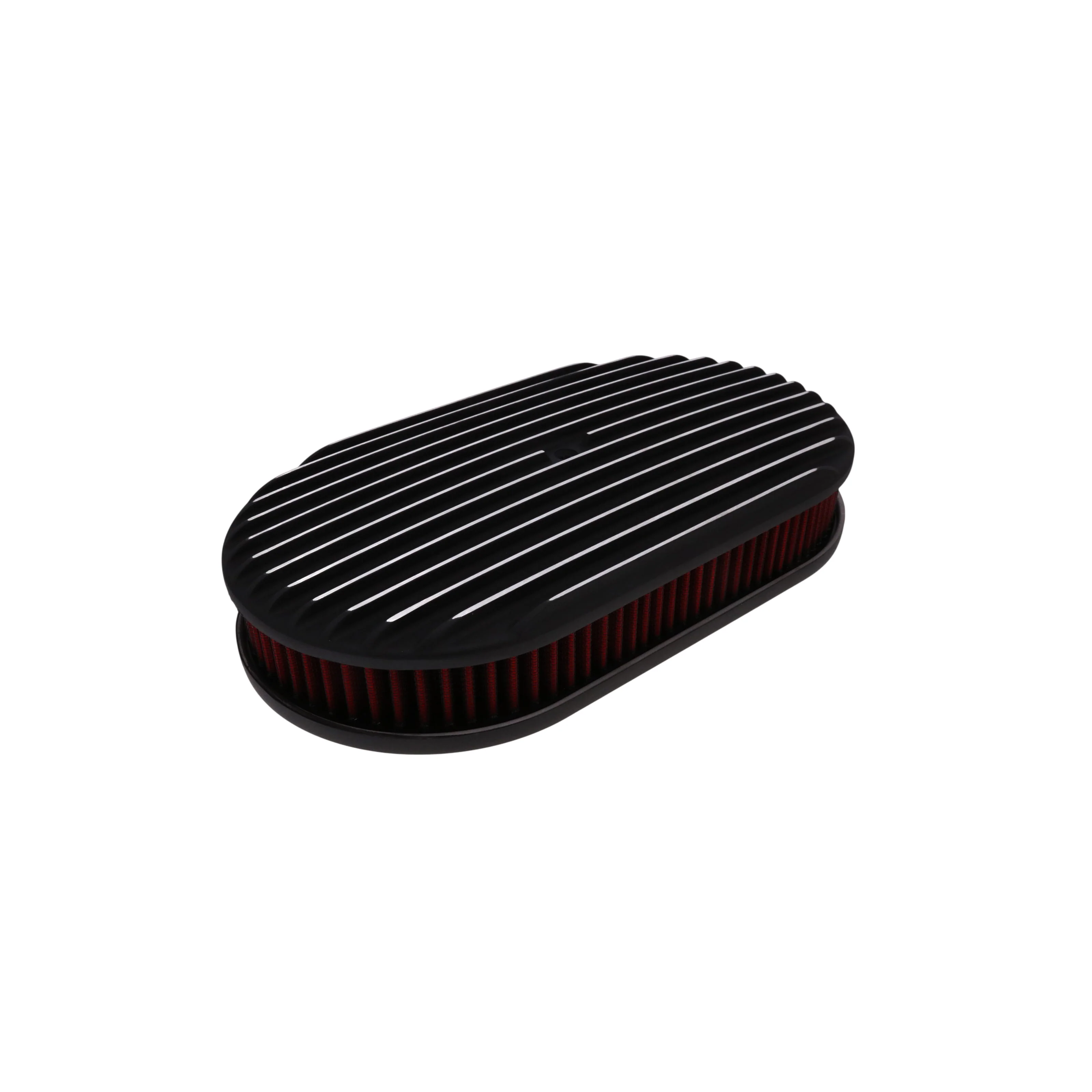 15" X 2" Full Finned Oval Aluminum Air Cleaner Kit, Red Washable Filter, Flat Base - Black - Image 2