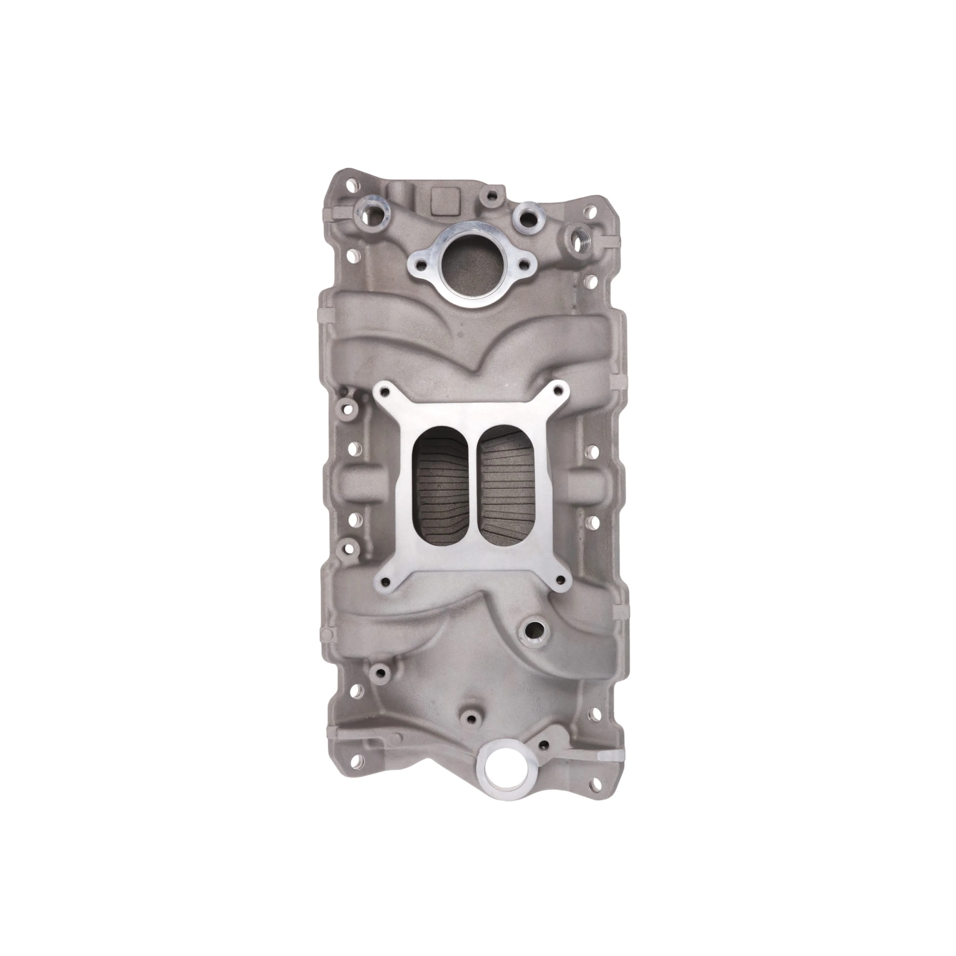 1957-1986 Chevy SB Aluminum Intake Manifold, Dual Plane, Hi-Rise - Satin - Image 3