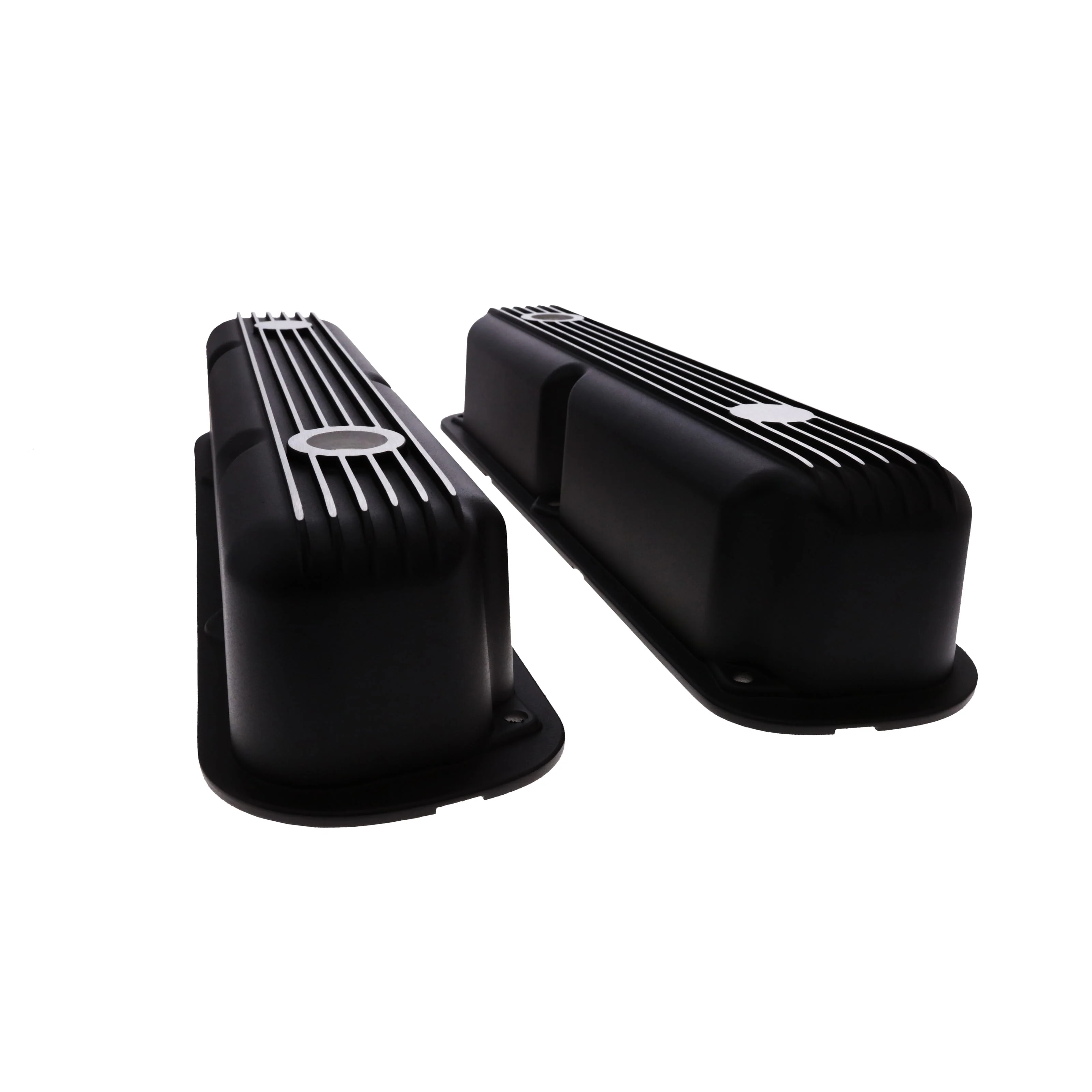 1964-1991 Mopar SB V8 Finned Aluminum Valve Covers, 3 3/4" Ex. 3 3/8" In. Ht., 1.25" Hole - Black - Image 3
