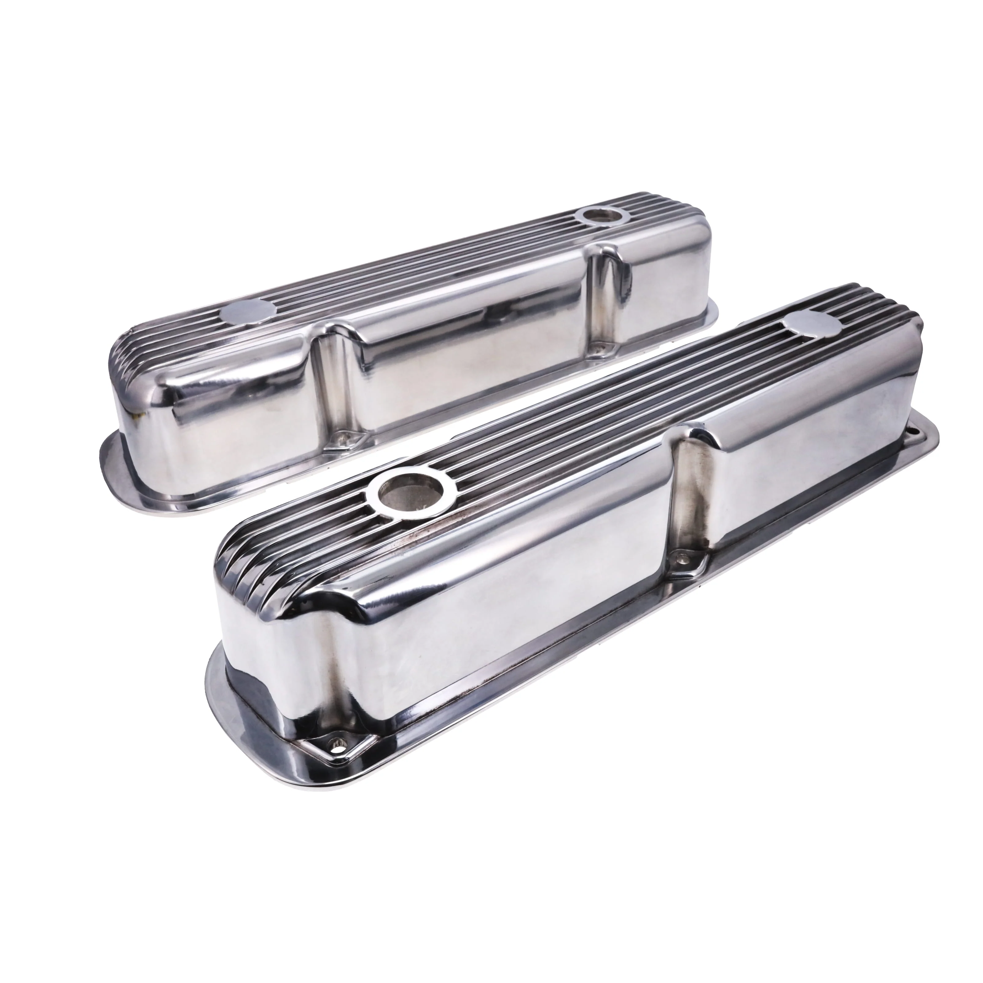 1964-1991 Mopar SB V8 Finned Aluminum Valve Covers, 3 3/4" Ex. 3 3/8" In. Ht., 1.25" Hole - Polished