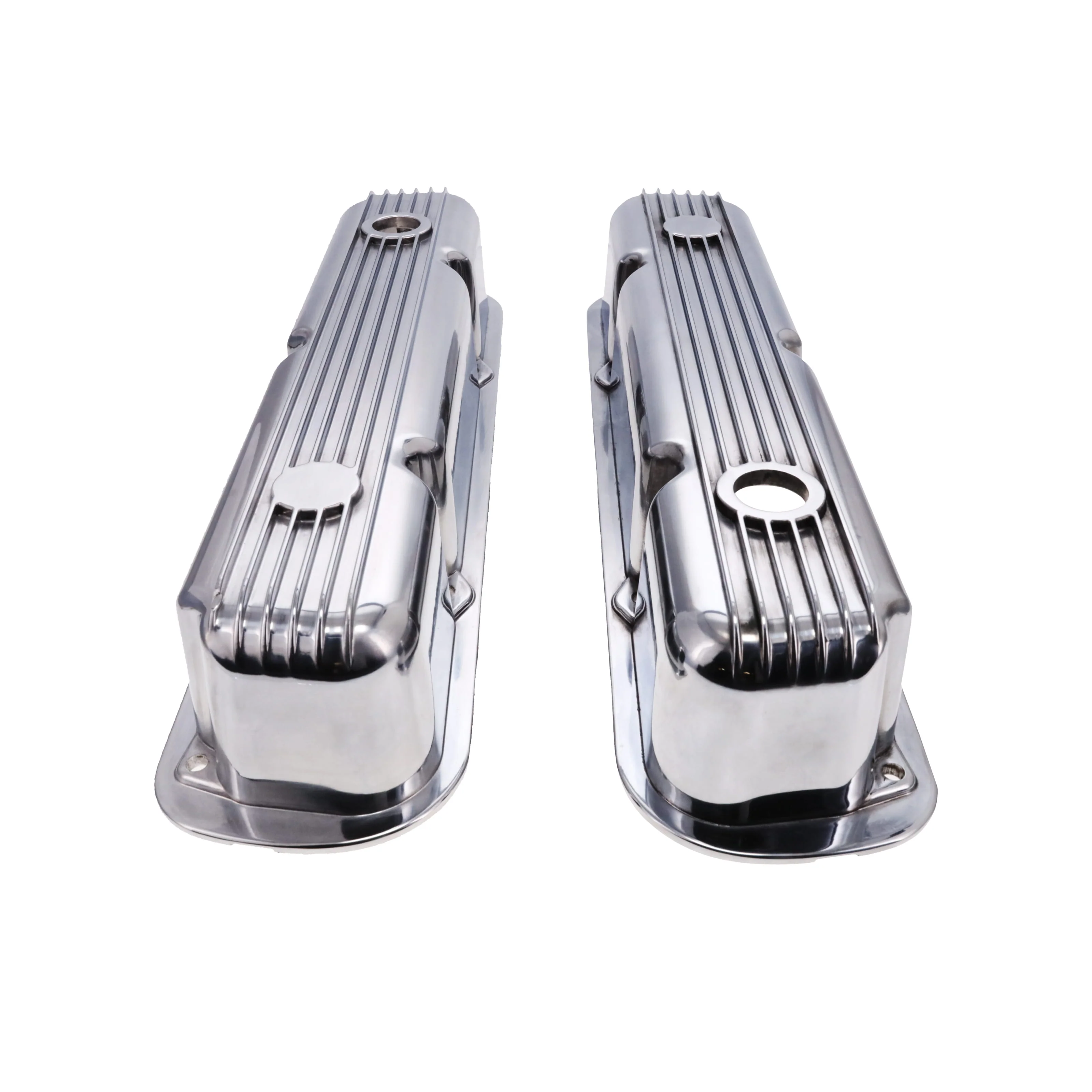 1964-1991 Mopar SB V8 Finned Aluminum Valve Covers, 3 3/4" Ex. 3 3/8" In. Ht., 1.25" Hole - Polished - Image 2