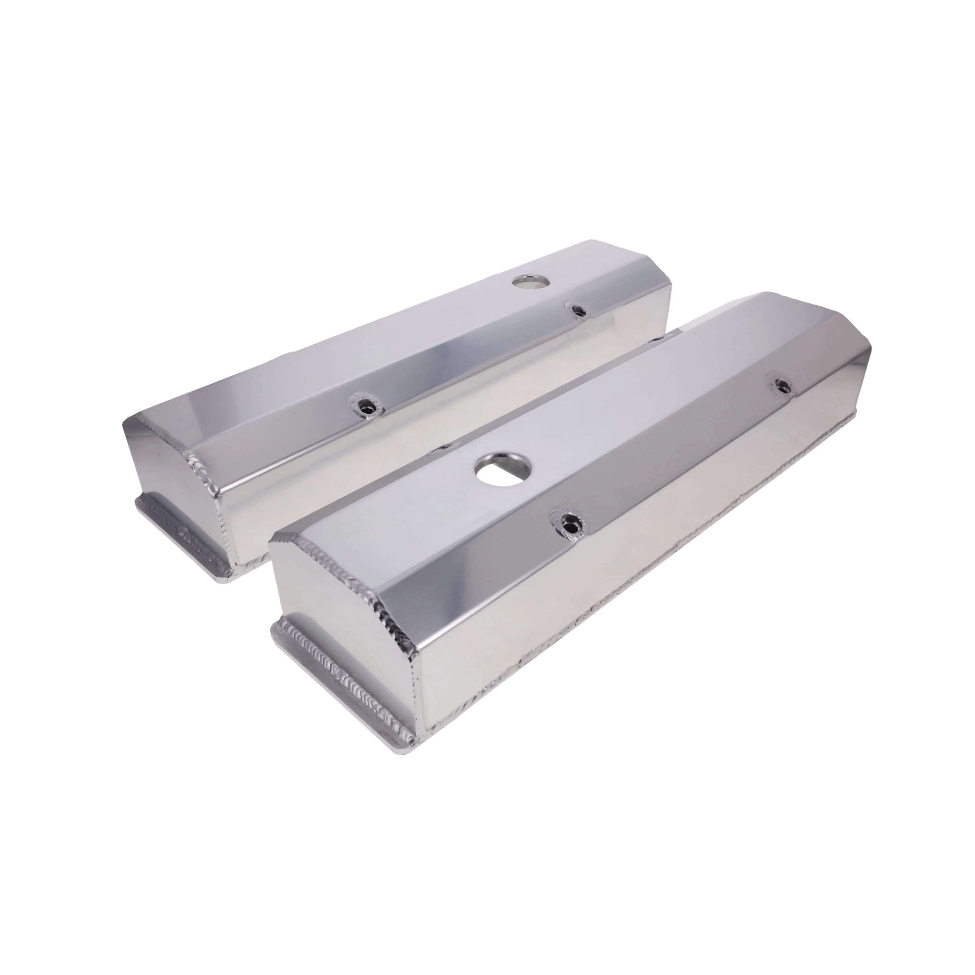 Chevy Small Block Long Bolt Fabricated Aluminum Valve Covers with Breather Holes - Clear Anodized