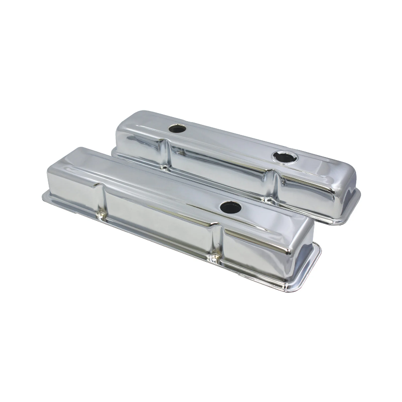 Chevy Small Block Perimeter-Bolt Short Chrome Steel Valve Covers with Two Breather Holes