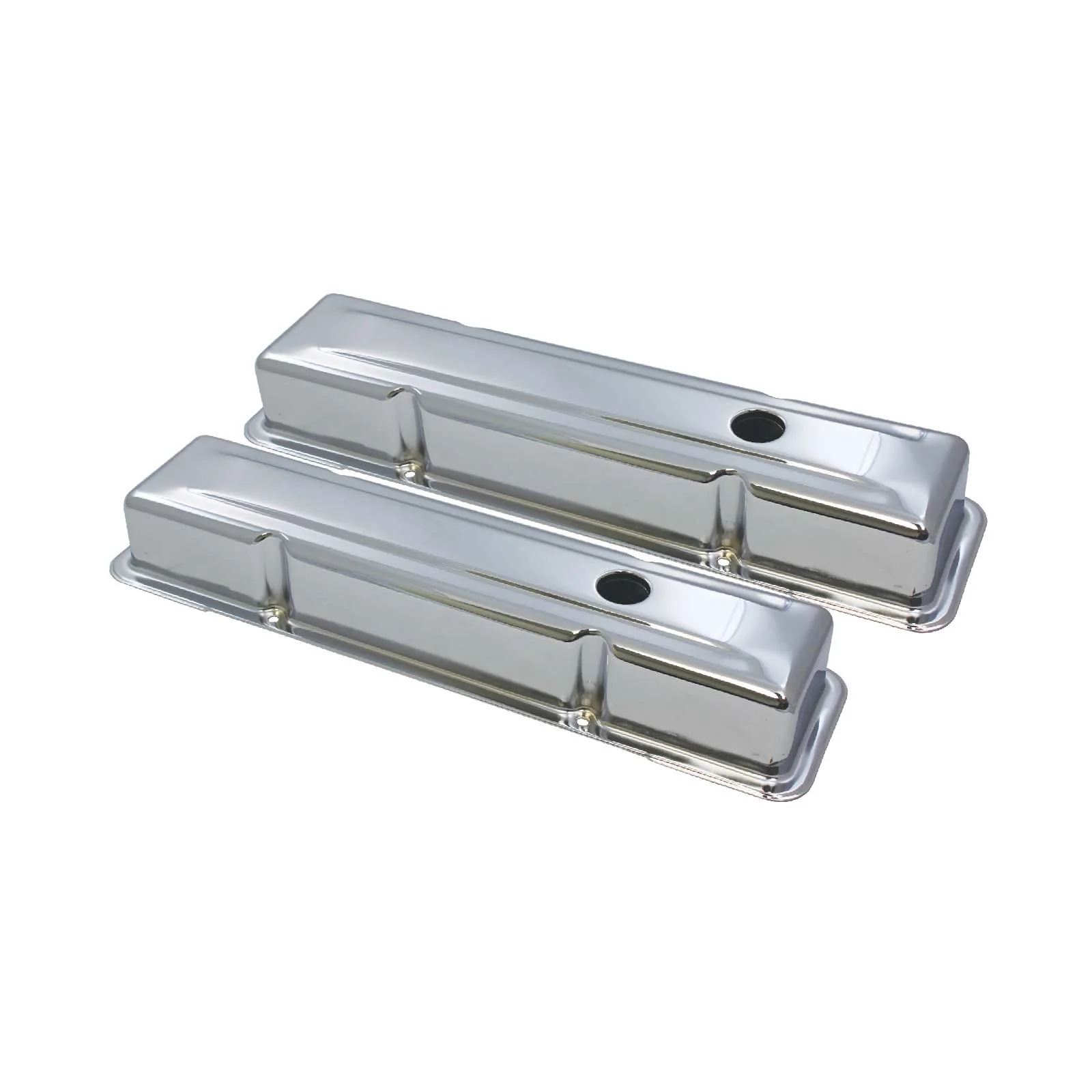 Chevy Small Block Perimeter-Bolt Short Steel Valve Covers with Single Breather Hole - Chrome