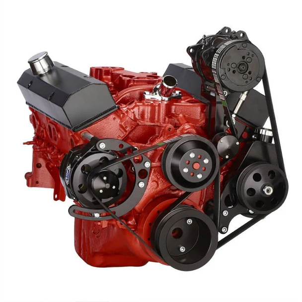 Chevy Small Block Serpentine Conversion - AC Alternator & Power Steering Long Water Pump - Black - Image 3