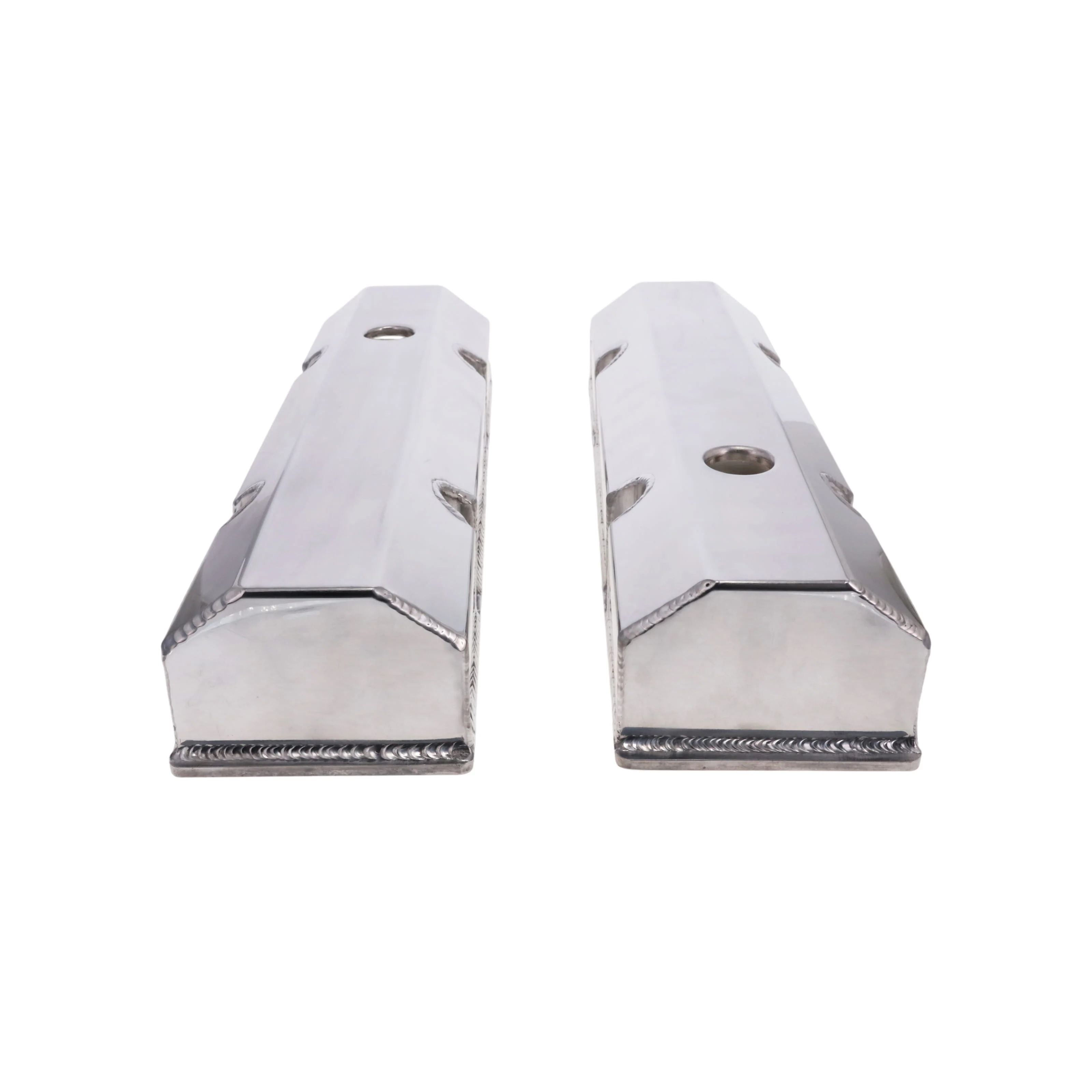 Chevy Small Block Short Bolt Fabricated Aluminum Valve Covers with Breather Holes - Polished - Image 2