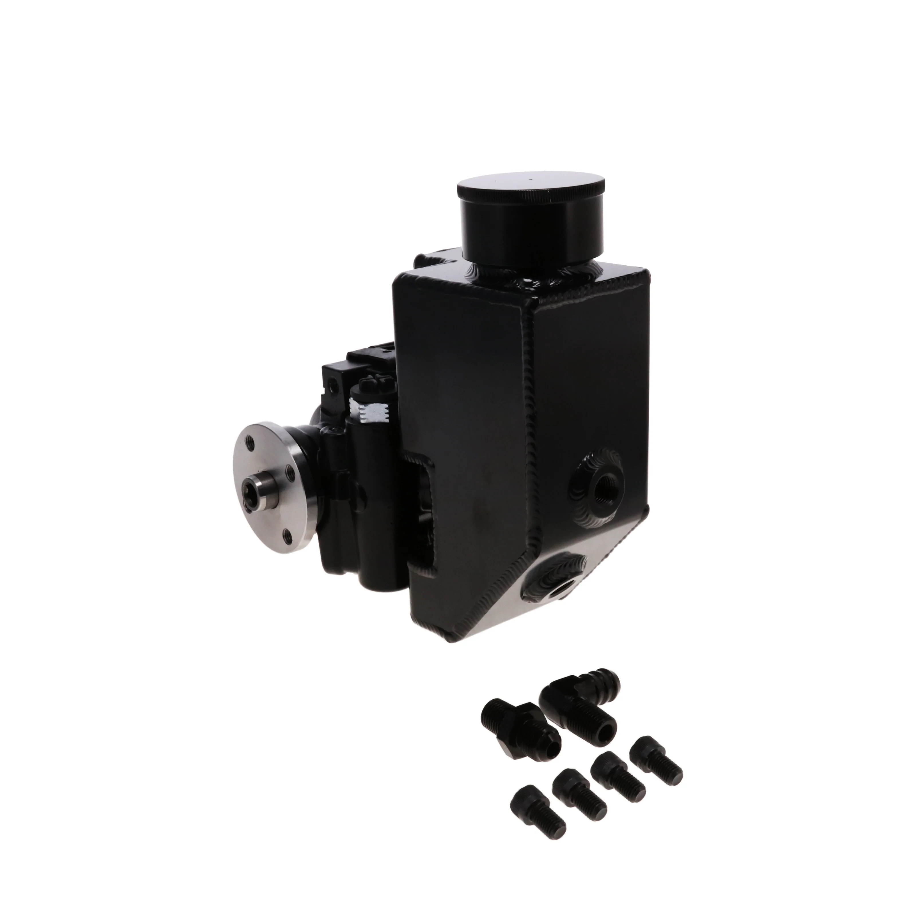 GM Type II Style Power Steering Pump with 18 oz Fabricated Aluminum Reservoir and Pulley Hub - Black